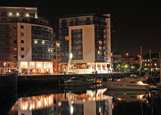 A view of the Ocean Village Marina, Southampton UK at night.